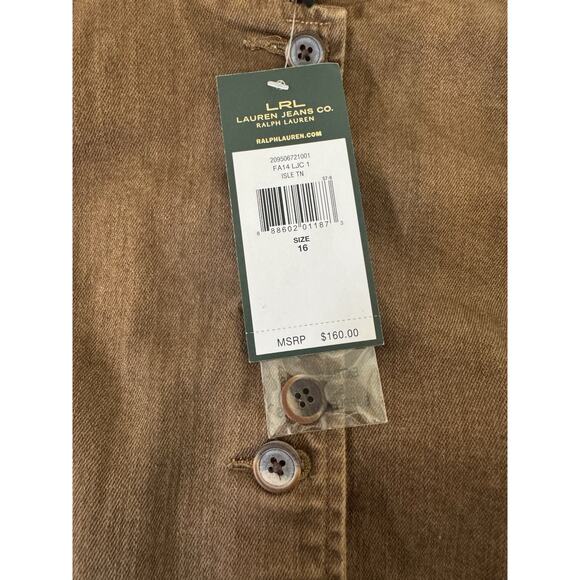 Ralph Lauren RLR Stretch Denim Jacket Camel SZ 16 Sheep Leather Trim Mandarin - Picture 4 of 16